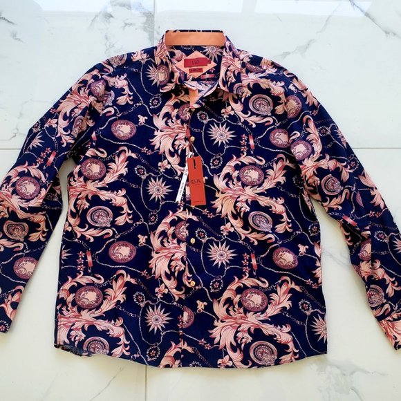 men's cotton shirt L navy pink wild print Elie NWT - Picture 6 of 10